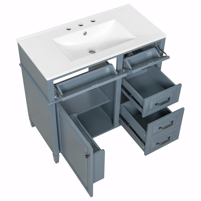 36-Inch Bathroom Vanity with Ceramic Sink Top, Solid Wood Frame and MDF Cabinet