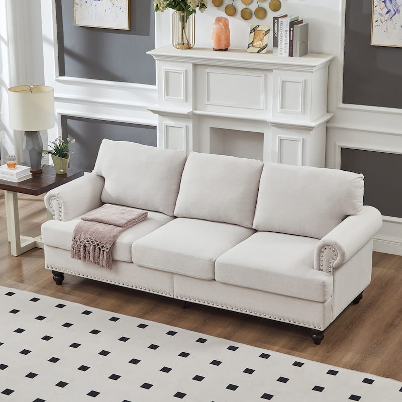83" Classic Tufted Sofa - 3-Seater Fabric Couch with Nailhead Trim, Polyester Upholstery & Solid Wood Frame for Living Room - Beige