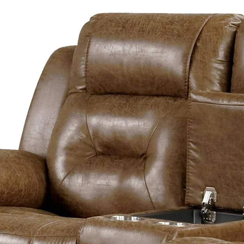 Kius Manual Recliner Loveseat, Brown Faux Leather, 70 Inch w Cupholders