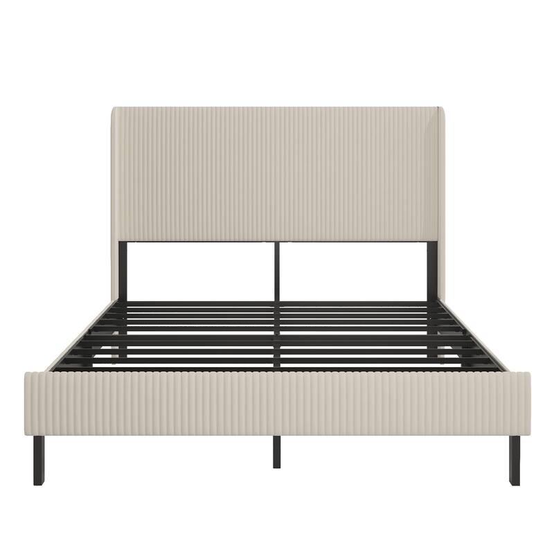 Beige Velvet Platform Bed Frame with Charging Station(Full/Queen/King）