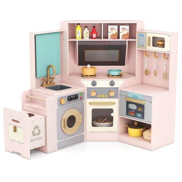 slide 2 of 10, Gymax Corner Kitchen w/ Lights & Sounds Interactive Wooden Playset for Pink