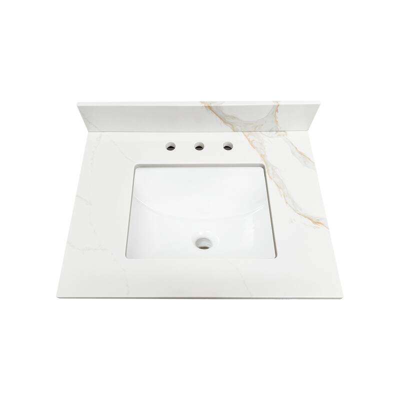 Calesco Calacatta Quartz Bathroom Vanity Top with Sink and Backsplash - White/Grey/Beige - 8" Wideset