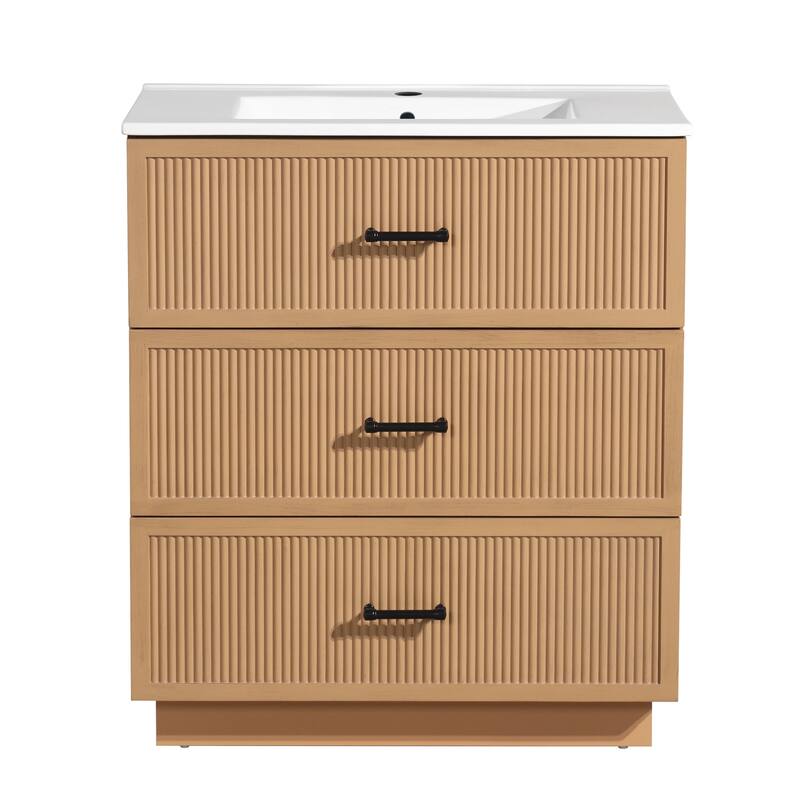 30" Freestanding Bathroom Vanity with Ceramic Sink and 2 Storage Drawers, Stylish Gray Floor Cabinet