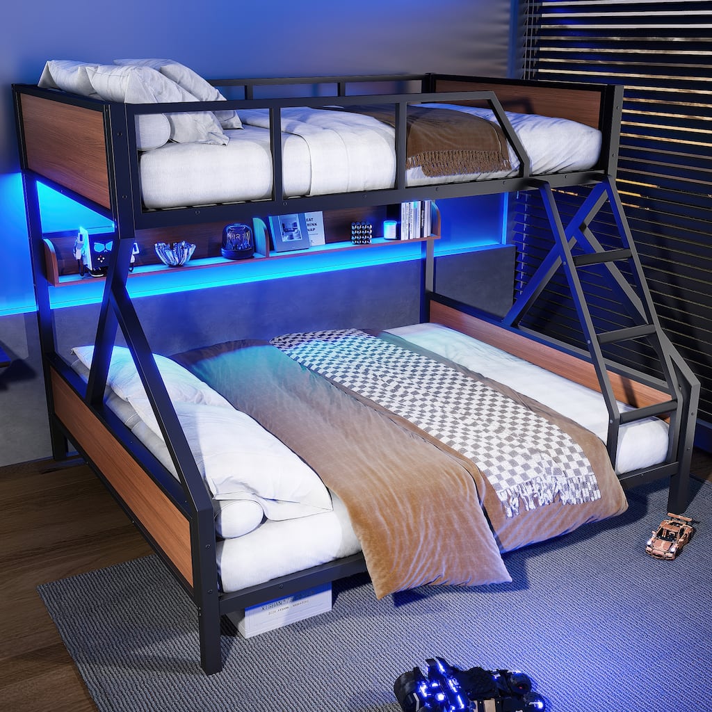 Queen over King/Queen over Full Metal Bunk Bed with Storage Shelves & Lights
