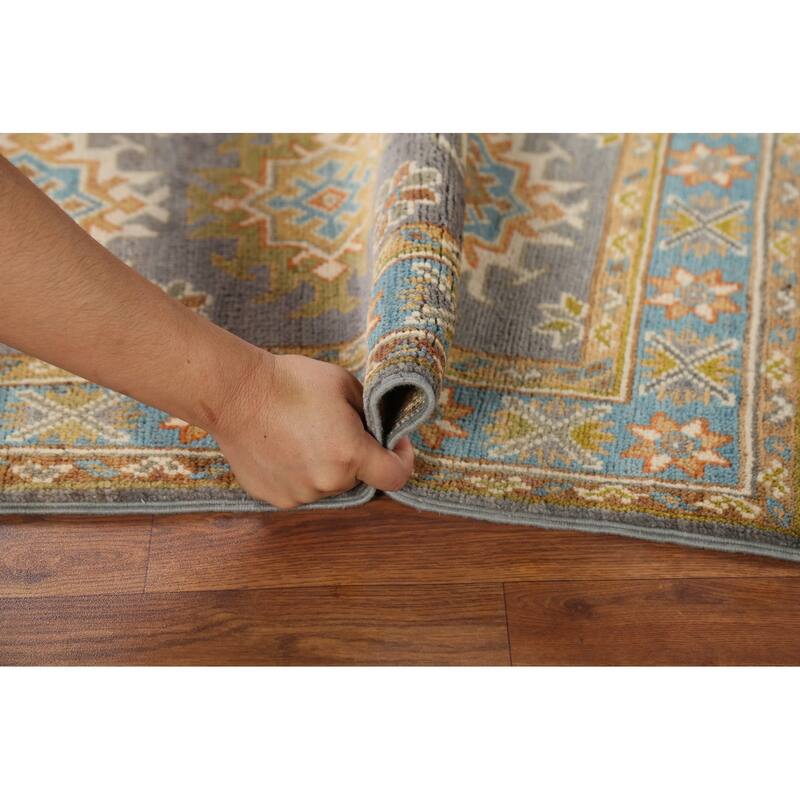 Gray Geometric Kazak Accent Rug Hand-Knotted Wool Carpet - 2'1"x 2'10"