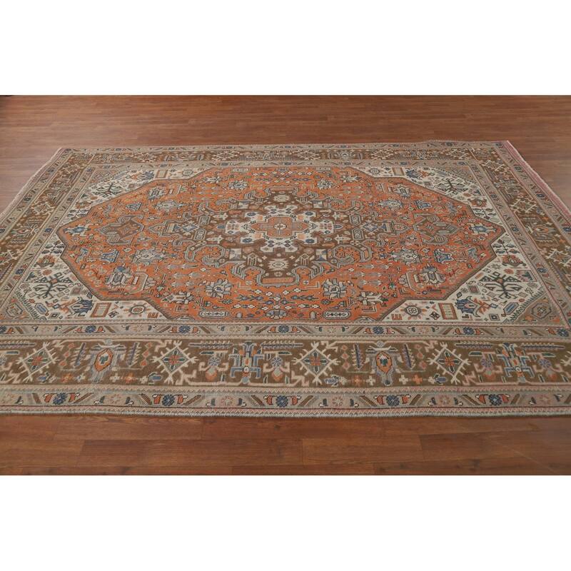 Geometric Tabriz Area Rug Orange Handmade Wool Carpet - 6'5"x 9'5"