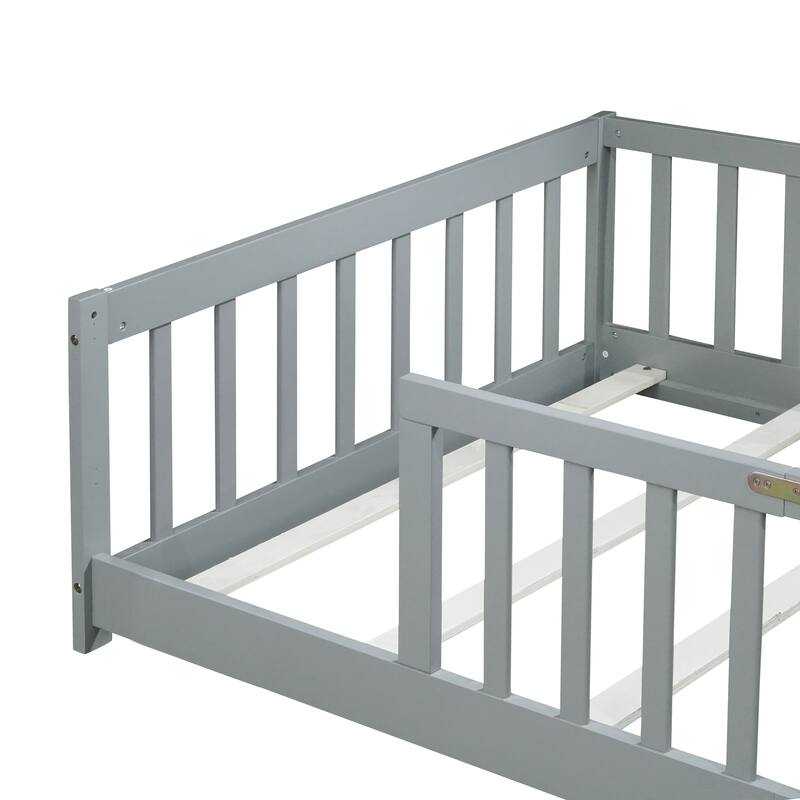 Twin Size Grey Rubber Wood Floor Bed with Safety Fence for Kids, No Door Design