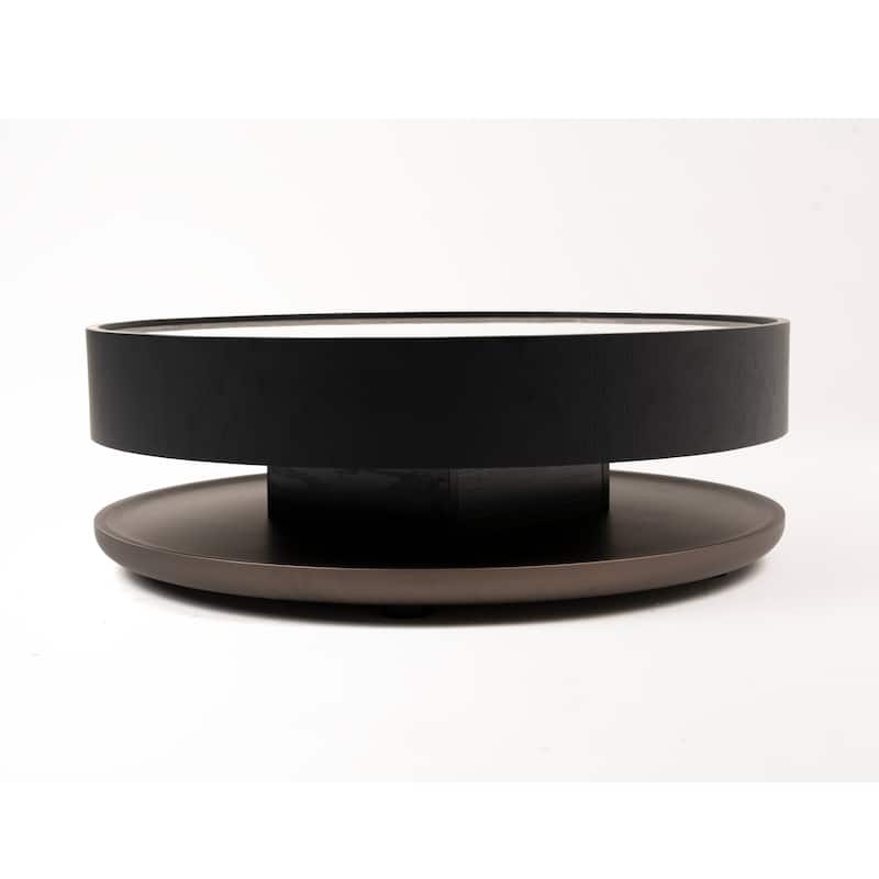 Cid Mauj Coffee Table, 37 Inch White Ceramic Top, Black Oak Veneer Body