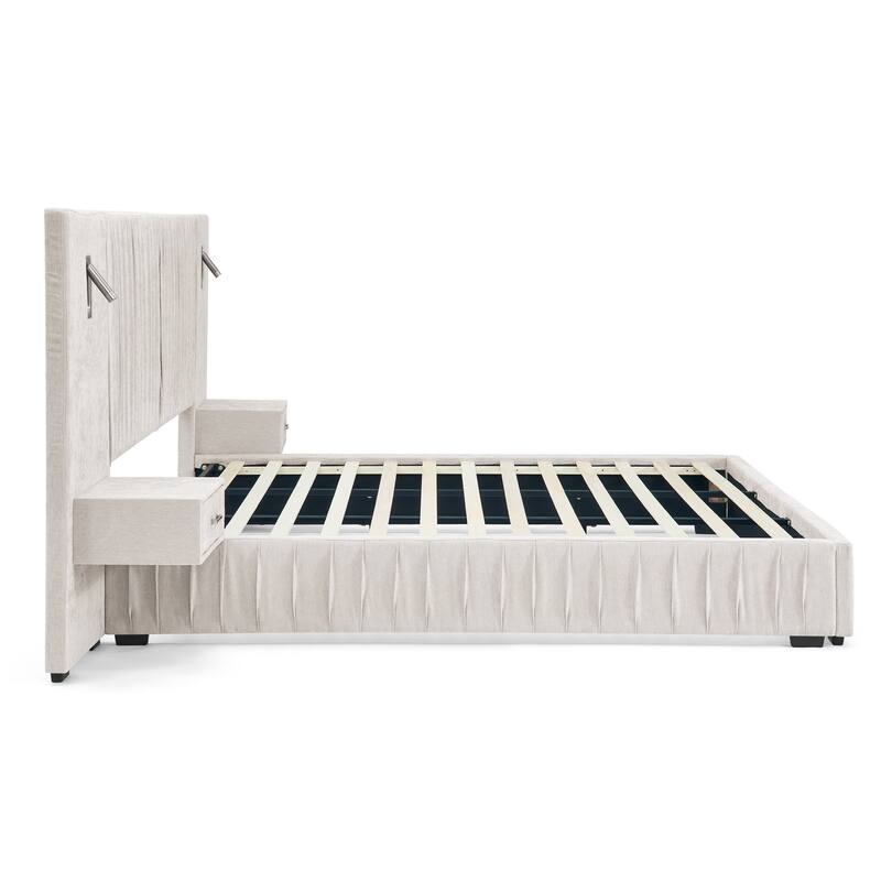 Roomfitters King Upholstered Chenille Platform Bed with Pleated Headboard and Built-In Bedside Tables, Solid Frame