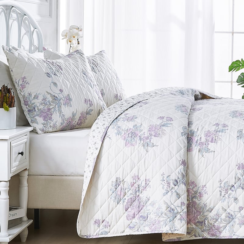 Floral Stripe Printed Prewashed Percale Cotton Quilt Set