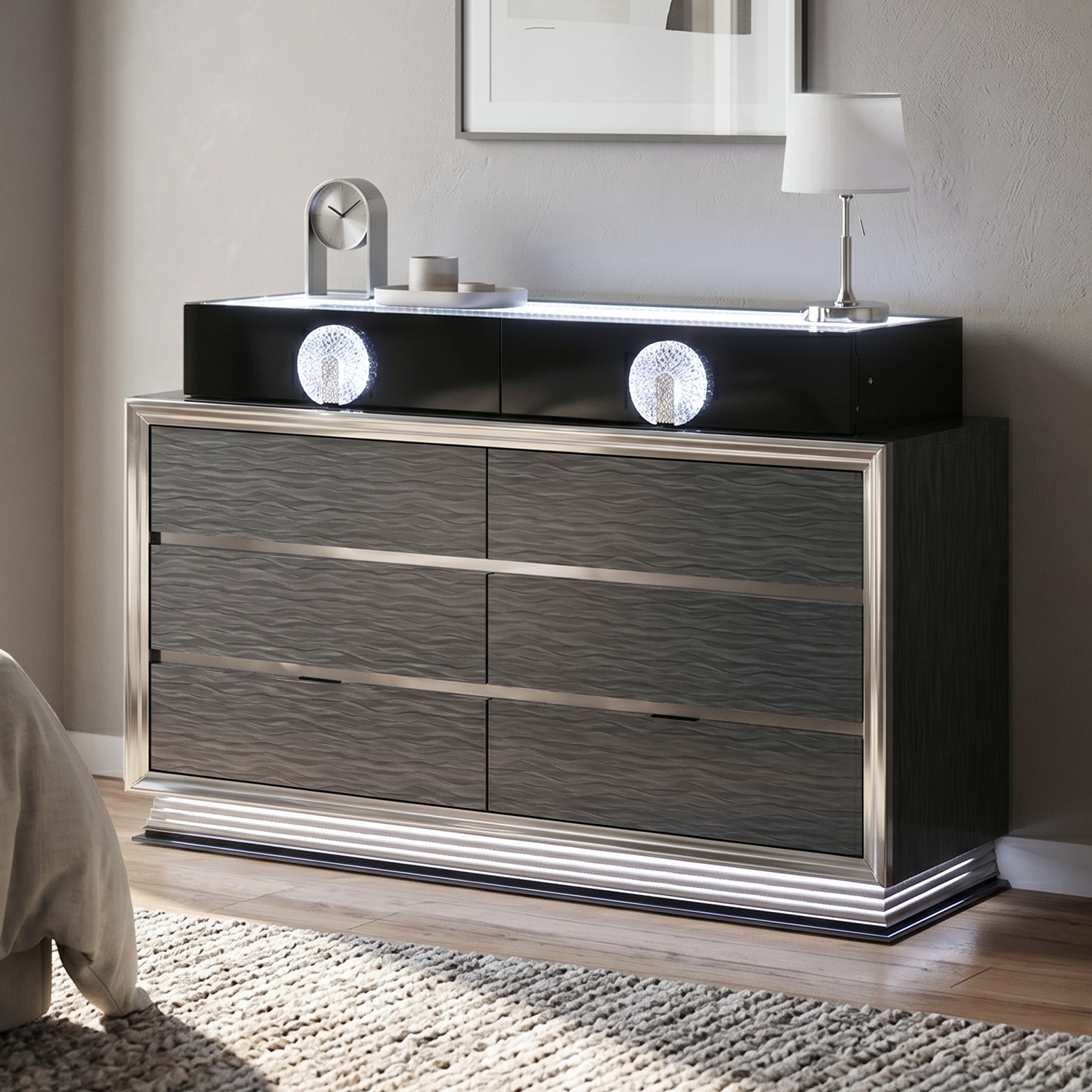 Furniture of America Elvor Modern Charcoal Grey and Black Wood 8-Drawer Dresser with LED Light