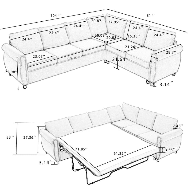 104'' 6-Seat L-Shaped Sectional Sleeper Sofa 2-in-1 Pull Out Couch Bed