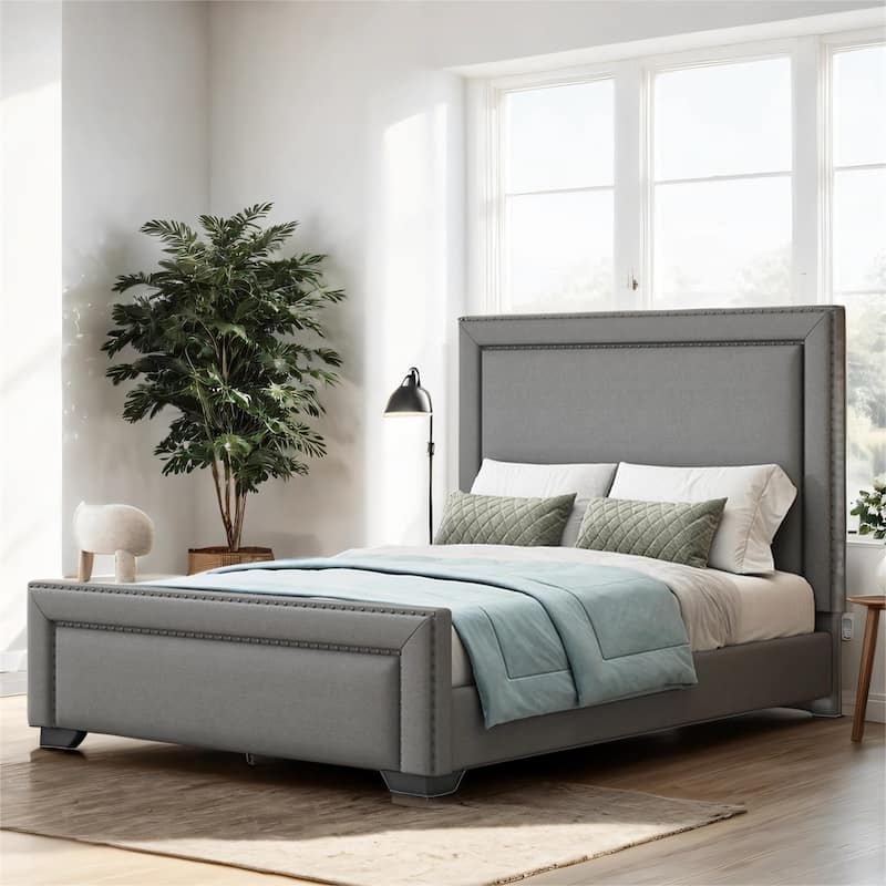 Queen Size Upholstered Bed, Upholstered Bed with Wooden Slats Support