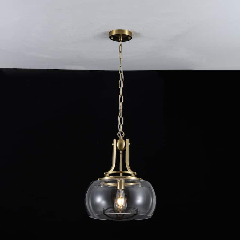 13.8" W Mid-Century Modern Rustic Gold Dome Design Ceiling Pendant with Clear Glass Shade for Dining Room, Kitchen Island, Foyer