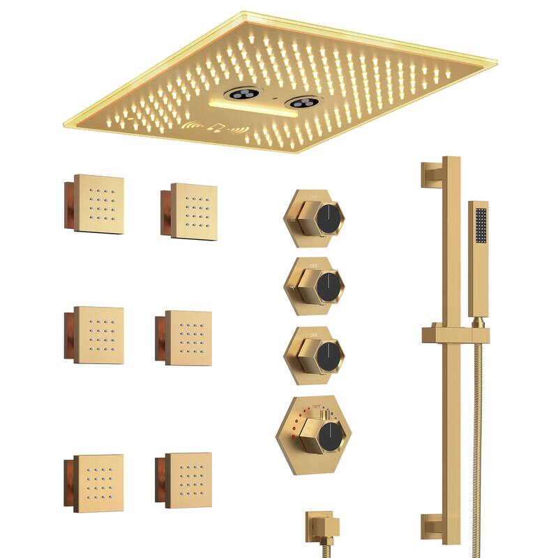 GRANDJOY Shower Faucet System 16 inch Ceiling Mount Shower Head 3 Spray Modes Handheld Spray with Slide Bar LED Music - Brushed Gold