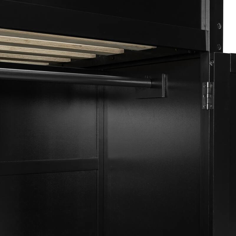 Gamer Full Size Loft Bed with Built-in Desk, RGB Light Strip, Storage Shelves, Hanging Rod and Side Wardrobe for Esports Gaming