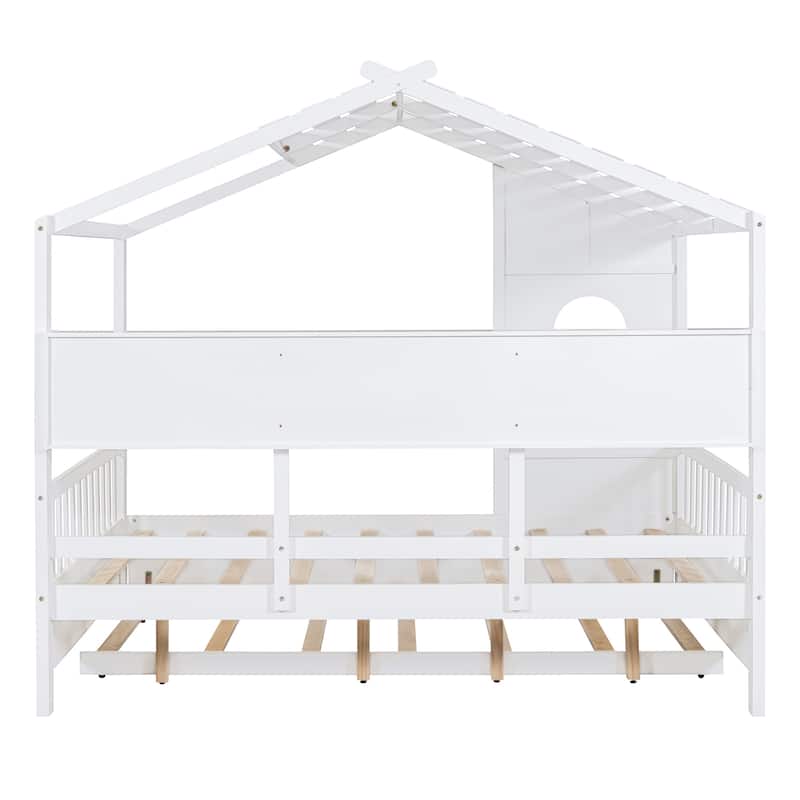 Full Size Wooden House Bed with Trundle and Storage Shelf