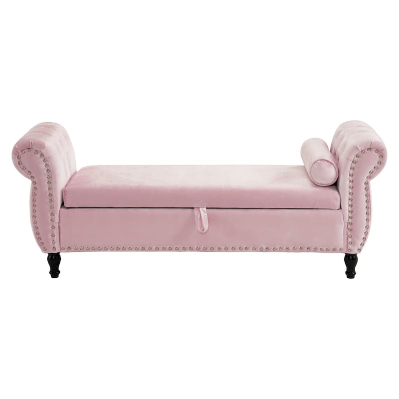51.25" Velvet Storage Ottoman Bench with Rolled Arms and Wood Legs