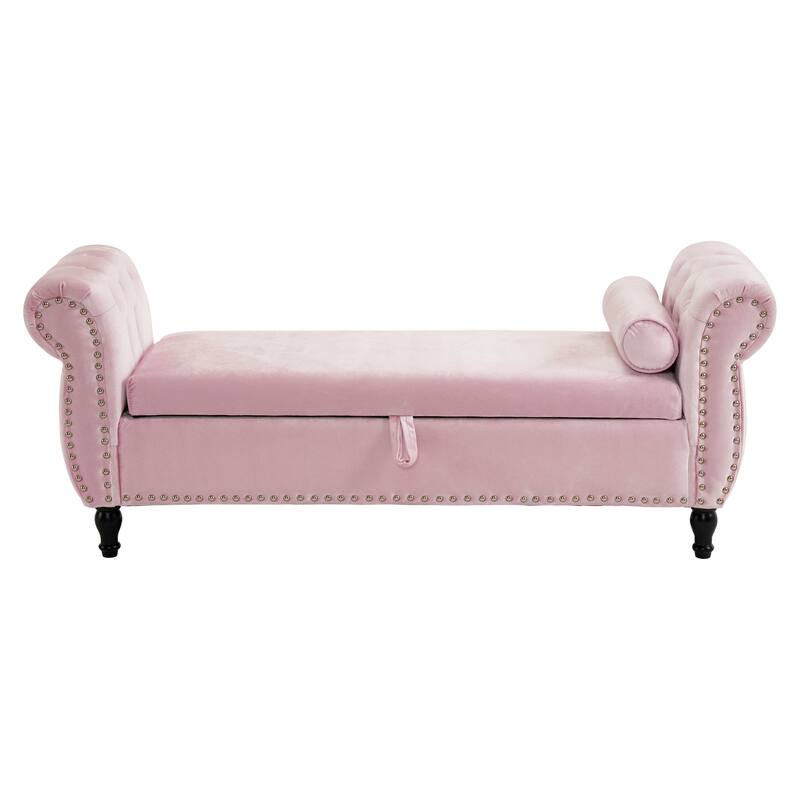Rectangular Baby Pink Velvet Storage Ottoman Bench with Pillow for Bedroom Living Room
