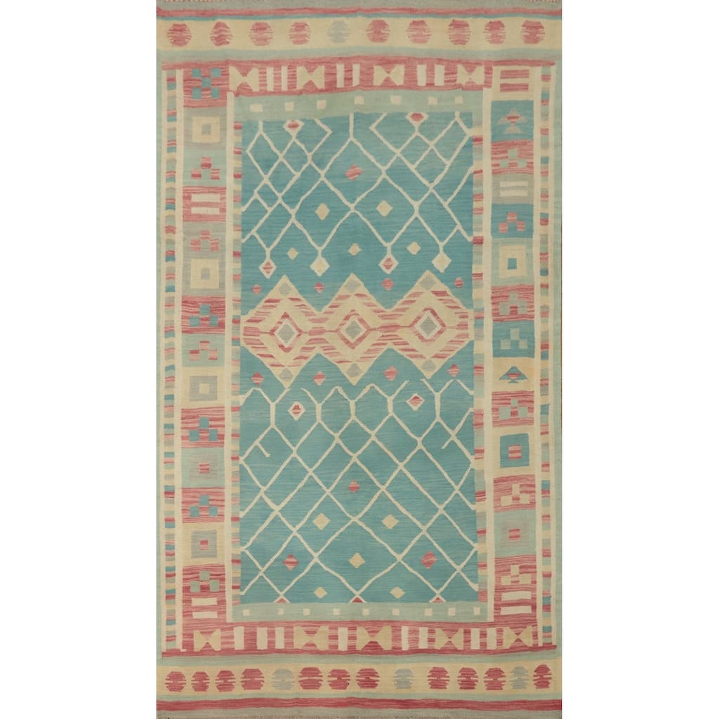 Hand Woven Oriental 100% Wool Carpet Southwestern Tribal Navy Blue & Blues Kilim Area Rug - 9' 8'' X 5' 8''