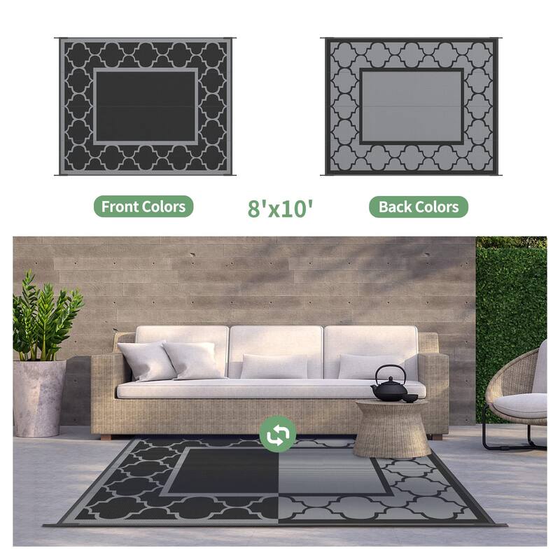 Reversible Dark Tone Geometric Flat-Weave Recyclable Outdoor Rug