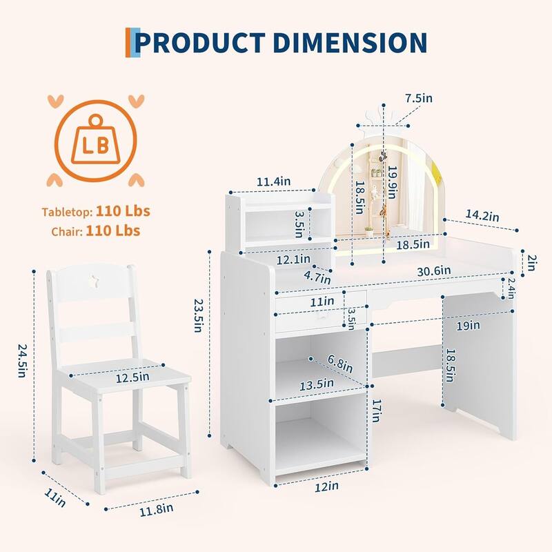 2-in-1 Princess Makeup Vanity Desk & Chair Set for Girls Best Gift