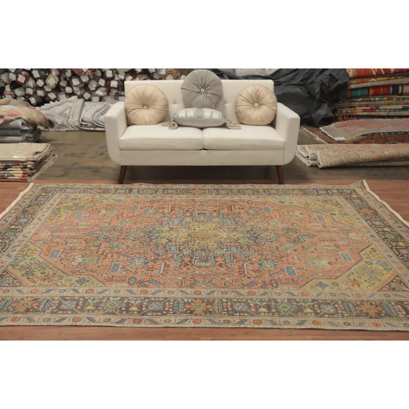 Hand Knotted Oriental 100% Wool Carpet Traditional Floral Peach Tabriz Area Rug - 9' 6'' X 6' 6''