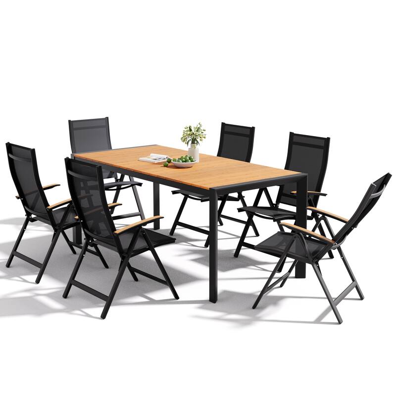 Set of 7 Outdoor Patio Dining Set WoodLike Table Top Aluminum Umbrella Hole Table with Folding Chairs