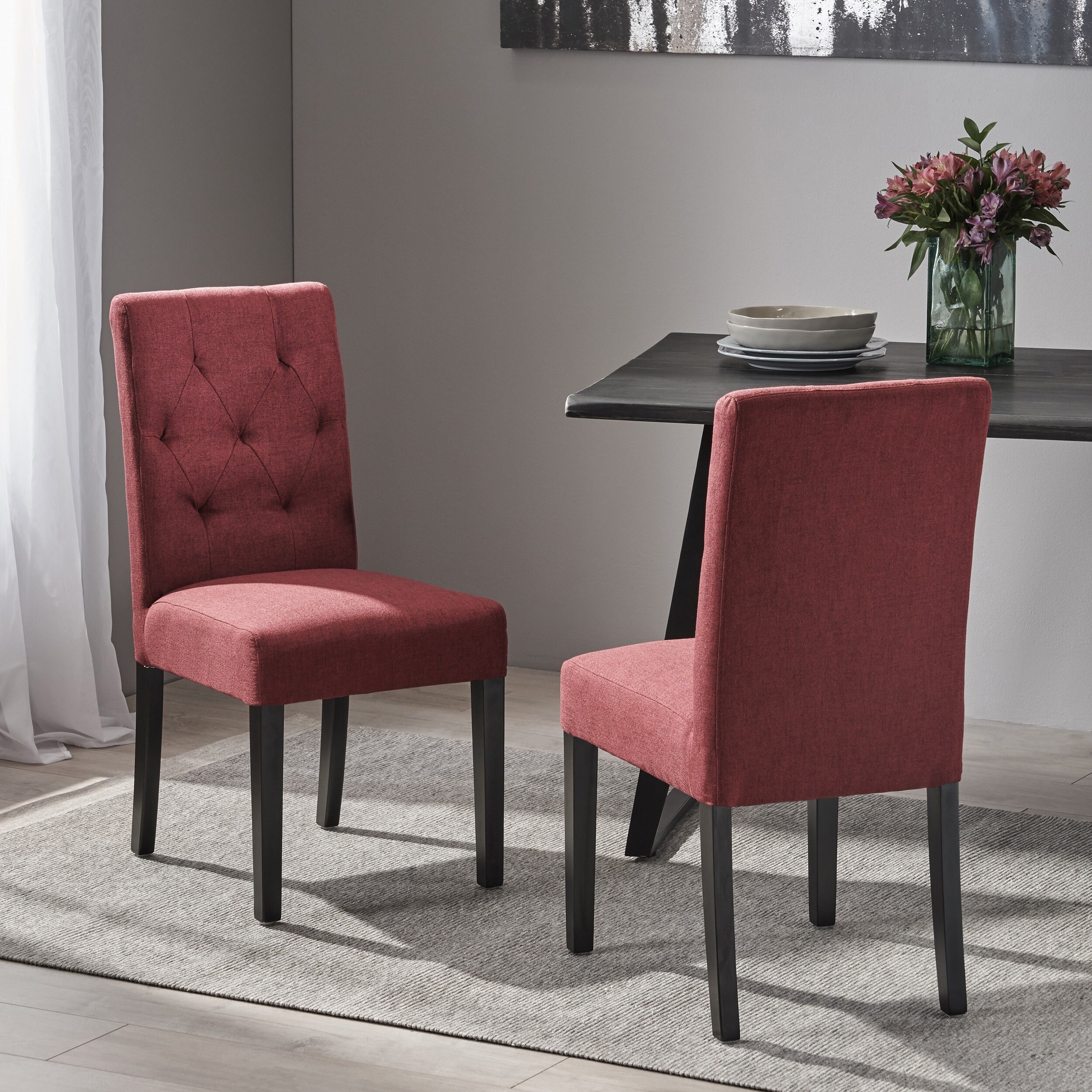 Red fabric shop dining chairs