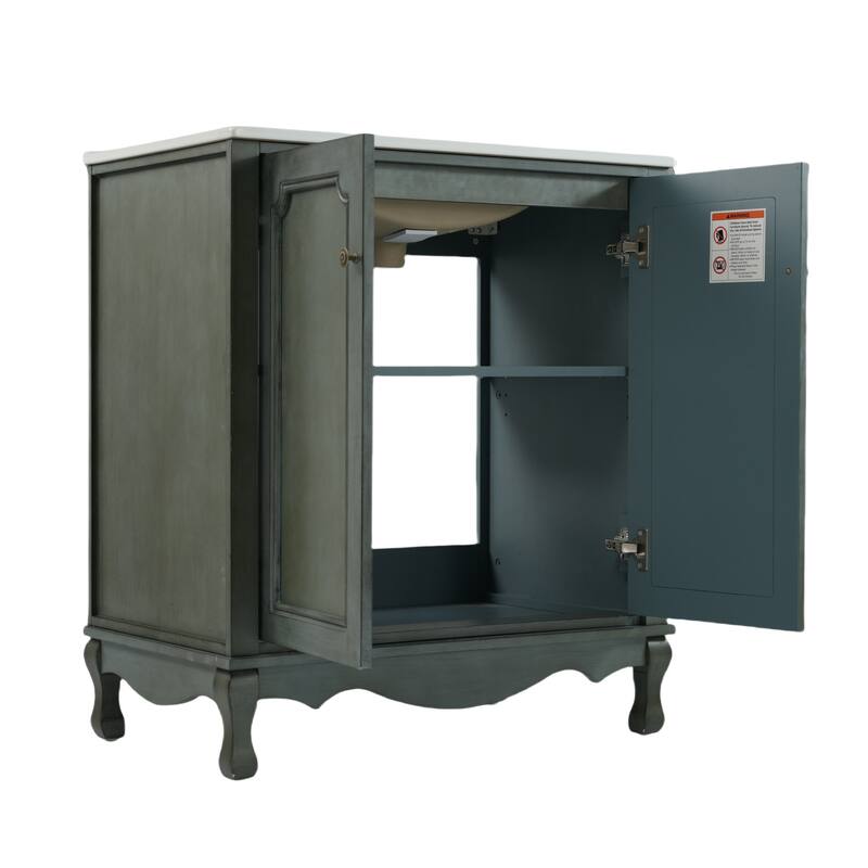 30" Bathroom Vanity with Rectangle Ceramic Sink, Antique Handles and 2 Doors, Solid Wood Legs and Adjustable shelves