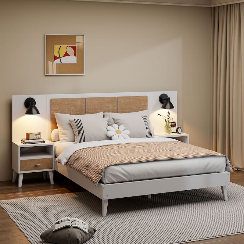 Queen Bed Frame with 2 Nightstands, Elegant Solid Wood Platform Bed with Lamps and Rattan Accents