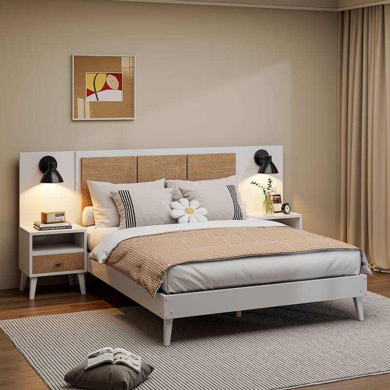 Queen Size Platform Bed with 2 Nightstands and 2 Lamps, Wooden Bed Frame with Elegant Rattan Headboard and Wood Combination