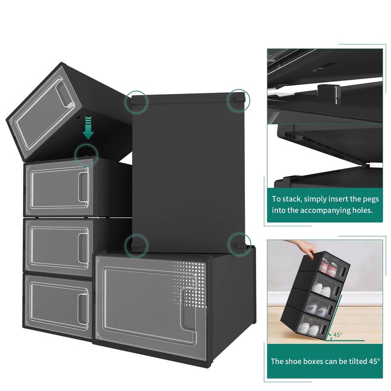 6/12/18 Pack Shoe Storage Box Plastic Stackable Shoe Organizer for Closet Foldable Sneaker Containers Bins Holders Racks