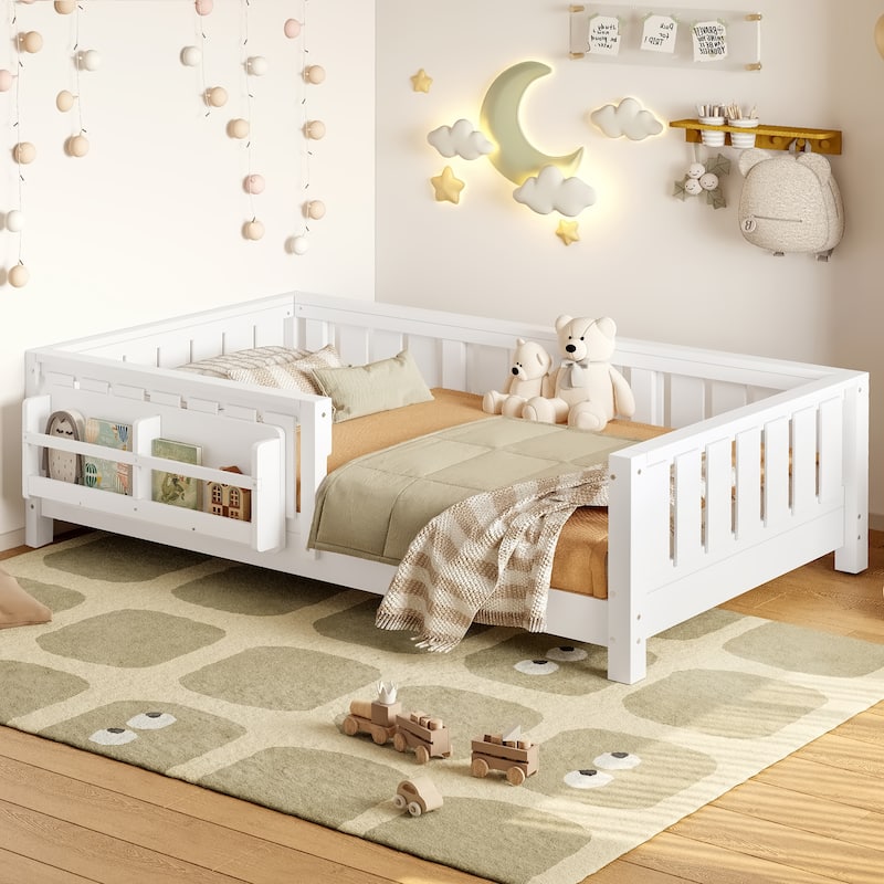 Low Profile Montessori Bed Floor Platform Bed with Fence and Bookshelf - White - Twin
