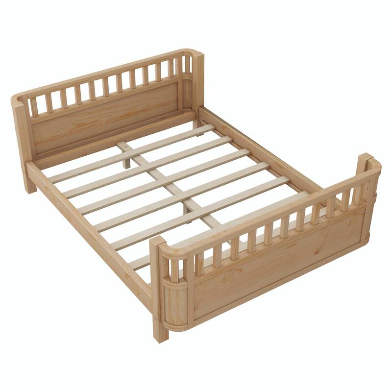 Wood Platform Bed for Kids, Low Profile Wooden Full Bed with Rails