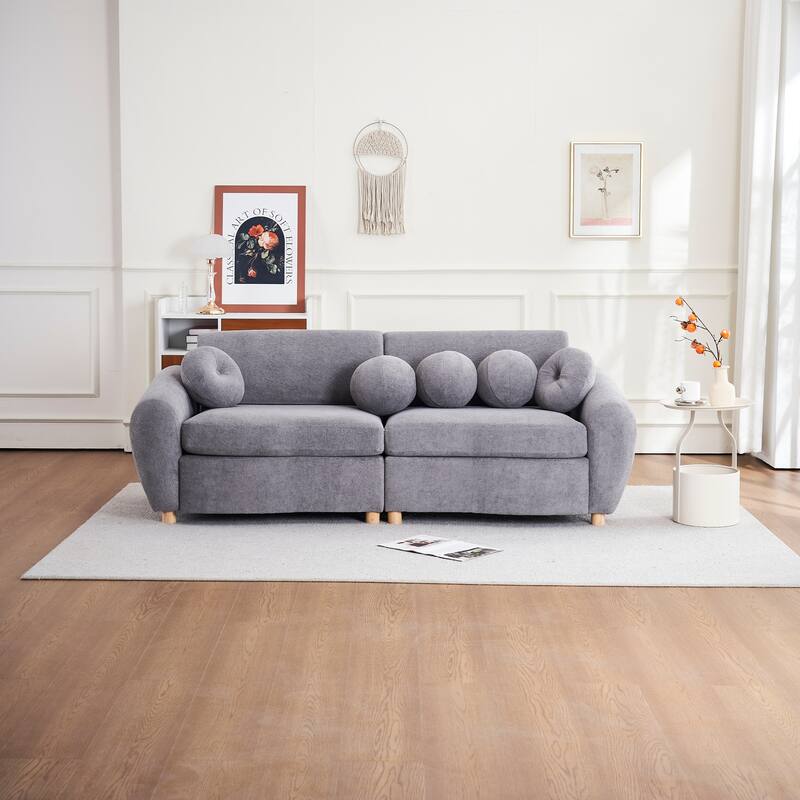 2-seater Loveseat Couch with 5 Toss Pillows and Solid Wood Legs, Chenille Upholstered Sectional Sofa, Easy Assembly,White