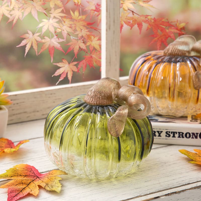 Glitzhome 6"D Fall Harvest Green Amber Crackle Hand Blown Glass Pumpkins Halloween Table Decor Thanksgiving Gifts