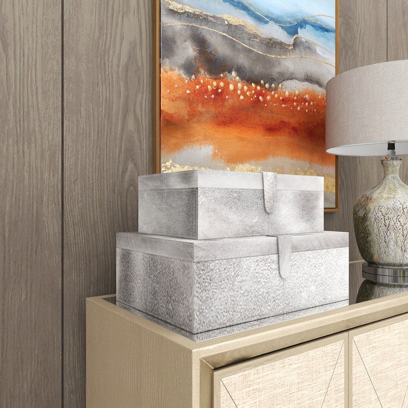 Gray, Silver or Gold Leather Handmade Cowhide Storage Box with Silver Foil Accents (Set of 2)