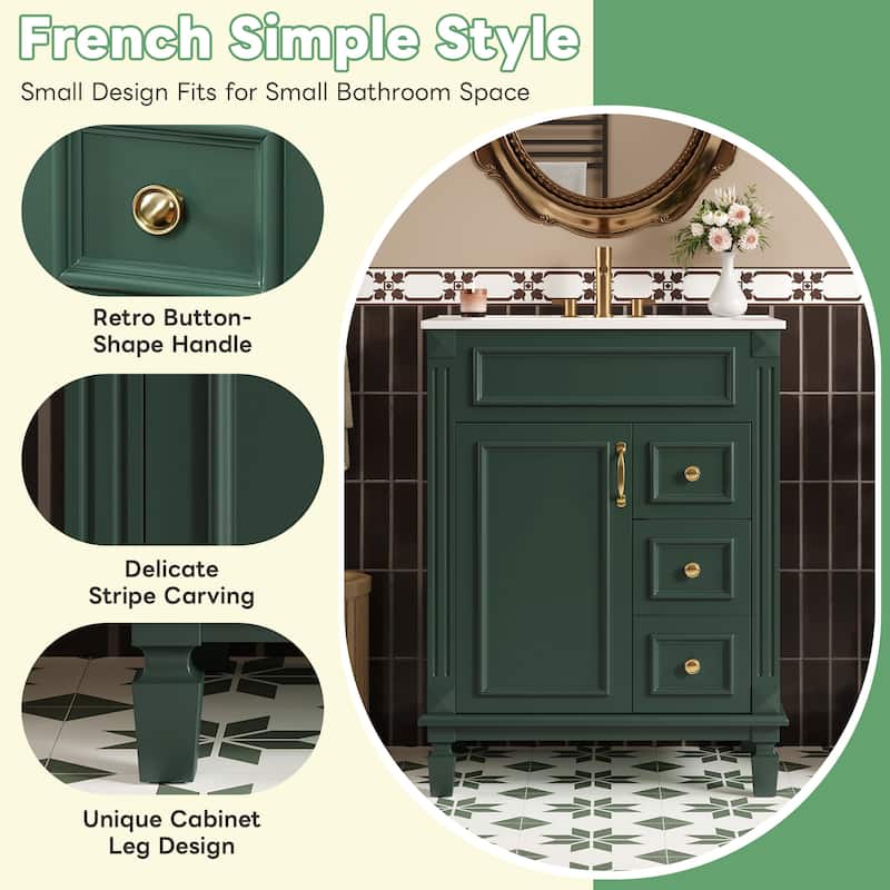24" Bathroom Vanity with Ceramic Sink Bathroom Storage Cabinet with 2 Drawers and Adjustable Shelf