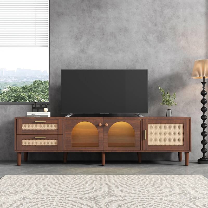 Modern Media Console with Rattan Design, LED Lights & Storage for TVs up to 80" - Living Room & Bedroom TV Stand