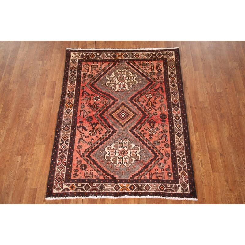 Tribal Geometric Hamedan Persian Vintage Area Rug Handmade Wool Carpet - 3'8"x 4'10"