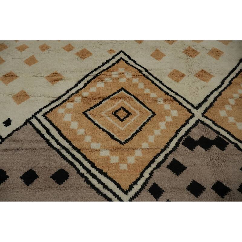 Hand Knotted Oriental 100% Wool Carpet Modern Geometric Yellow & Gold Moroccan Area Rug - 12' 1'' X 9' 1''