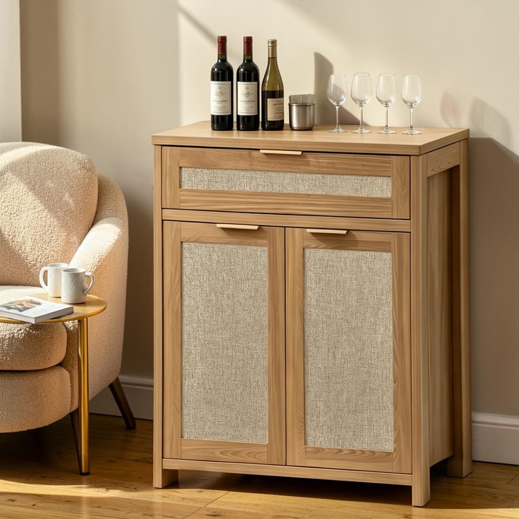 Rattan Sideboard Buffet Cabinet with Adjustable Shelves and Drawer, Farmhouse Boho Storage Cabinet