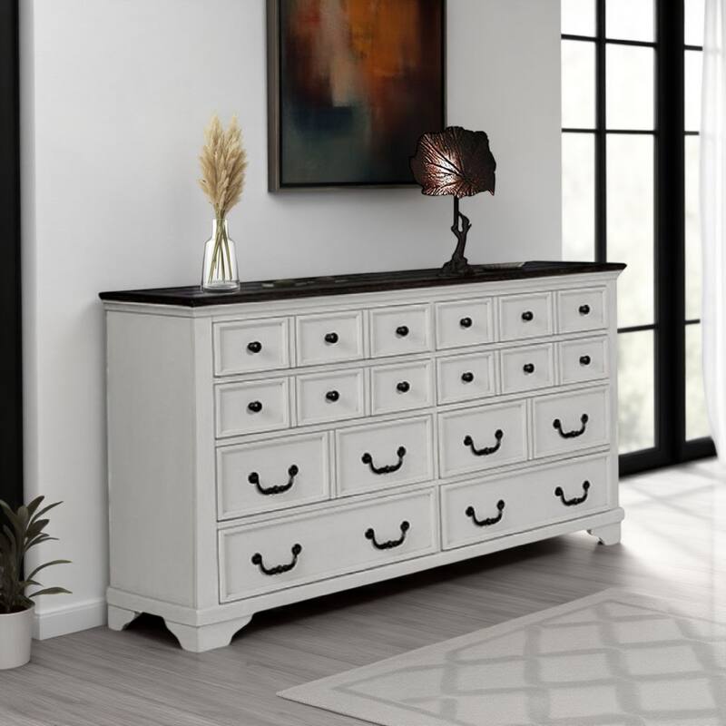Hamps Wide Dresser, 8 Drawers, White and Dark Brown Solid Wood Frame