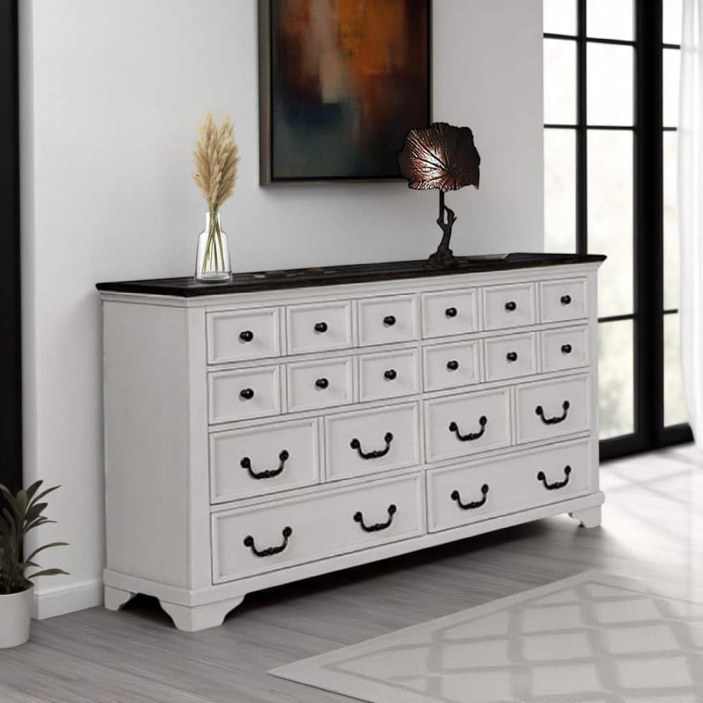 Hamps Wide Dresser, 8 Drawers, White and Dark Brown Solid Wood Frame