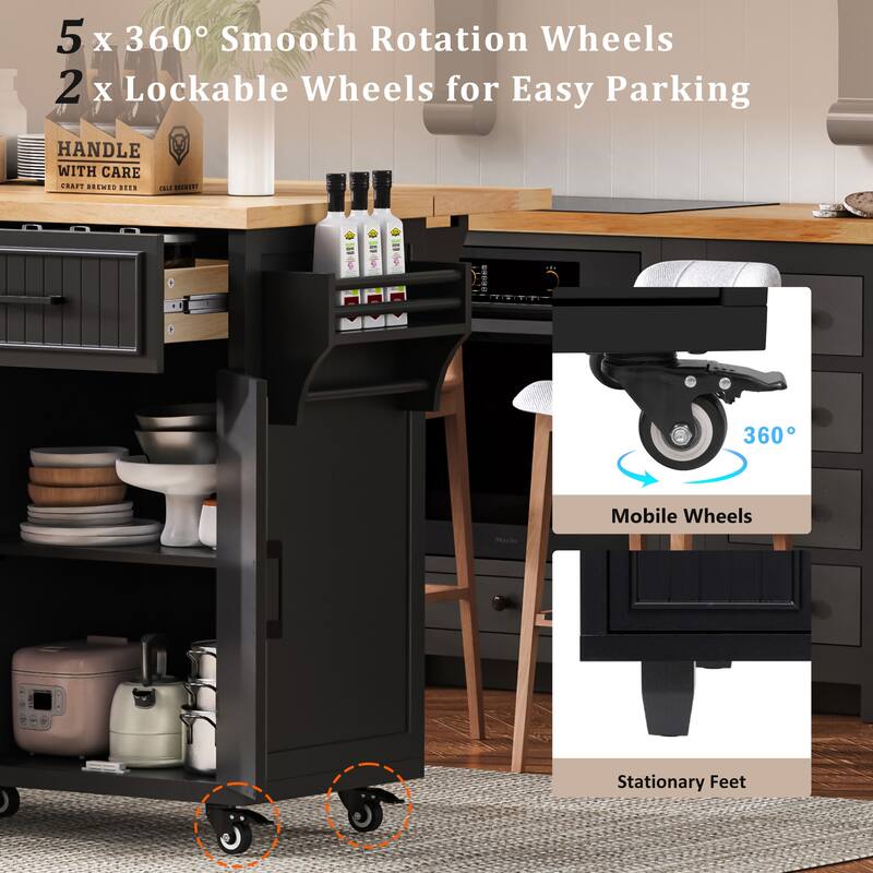 56.5" Farmhouse Kitchen Island with Drop Leaf & Power Outlet, Rolling Cart with 5 Drawers, 4 Doors, Adjustable Shelves & Wheels