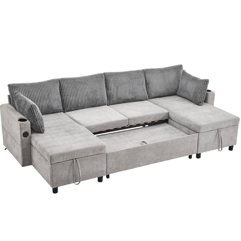 111.8" Chenille Sectional Sleeper Sofa U-Shaped Convertible Sofa Bed with Storage Chaise and USB Ports