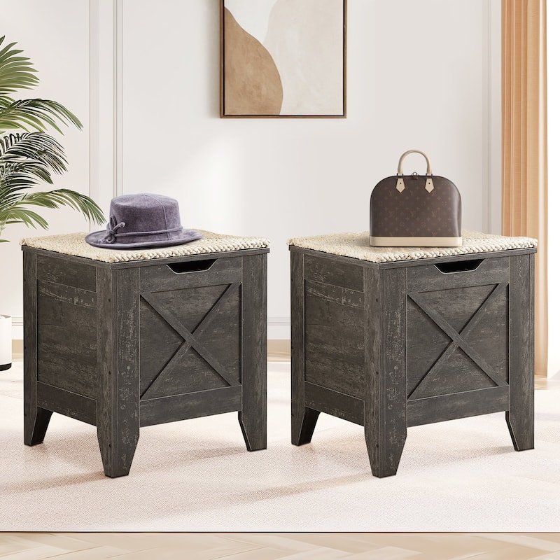 VECELO Storage Bench, Wooden Chest for Storage with Wicker Mat Safety Hinges Entryway Shoe Bench Storage Trunk(Set of 2)