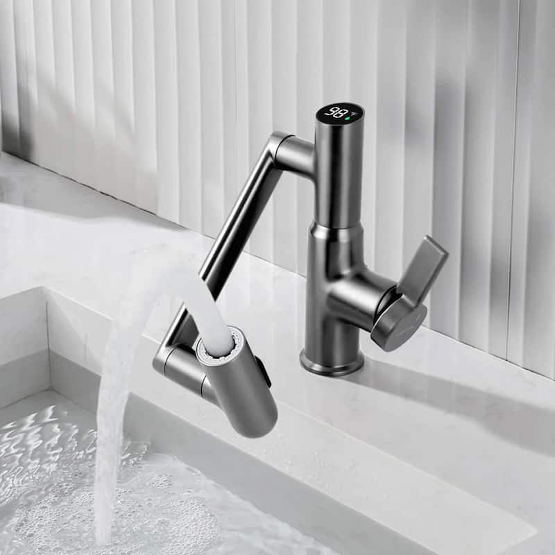 Lefton Rotatable Bathroom Faucet with Temperature Display in Fahrenheit (Batteries-Free), BF2204 - Grey