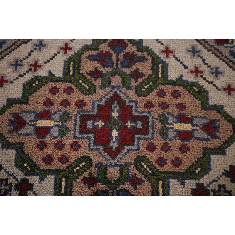 Geometric Kazak Runner Rug Hand-Knotted Beige Wool Carpet - 2'6"x 9'10"